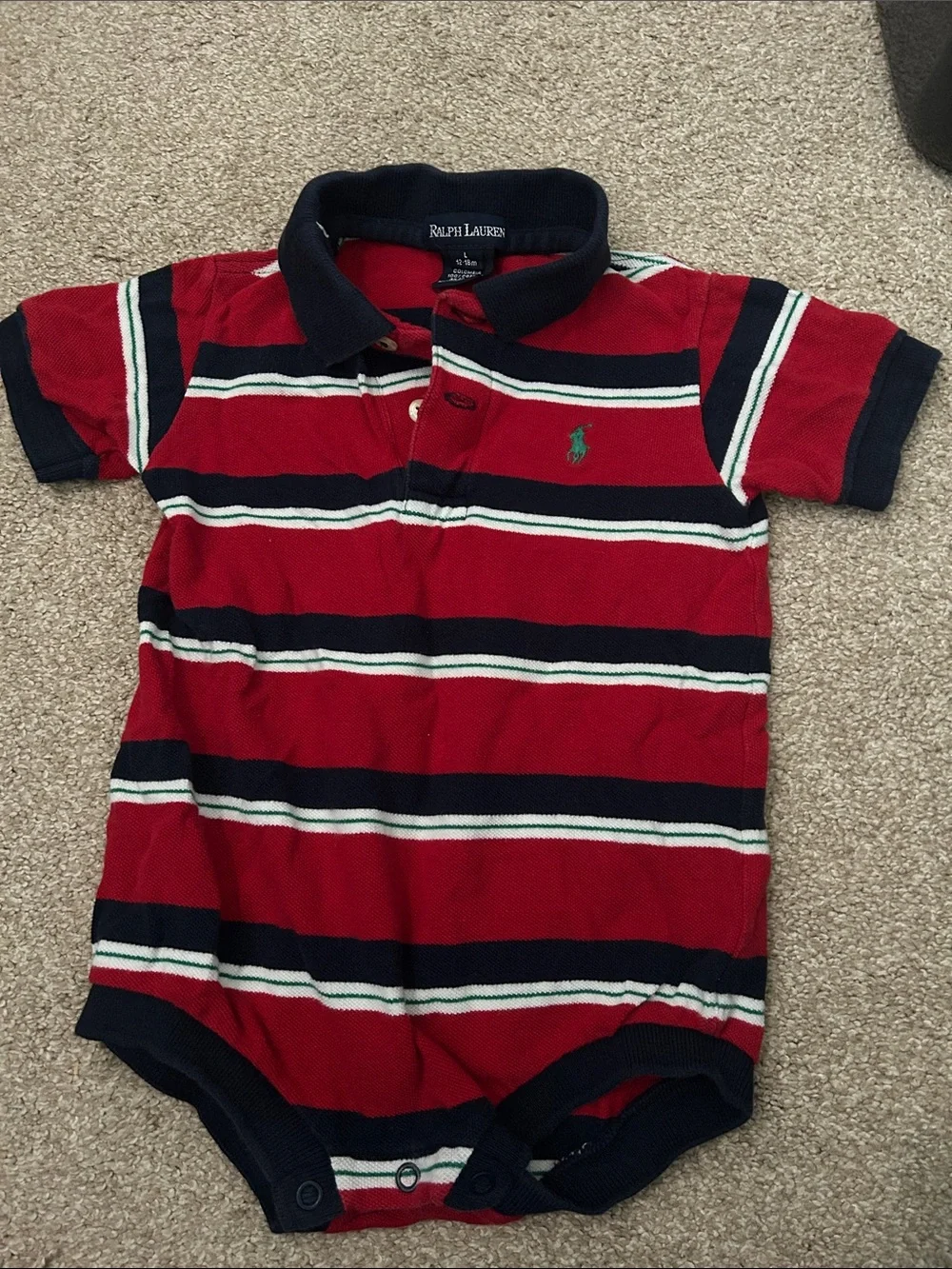Ralph Lauren Red, Navy & White Striped Polo Onesie 12-18 months